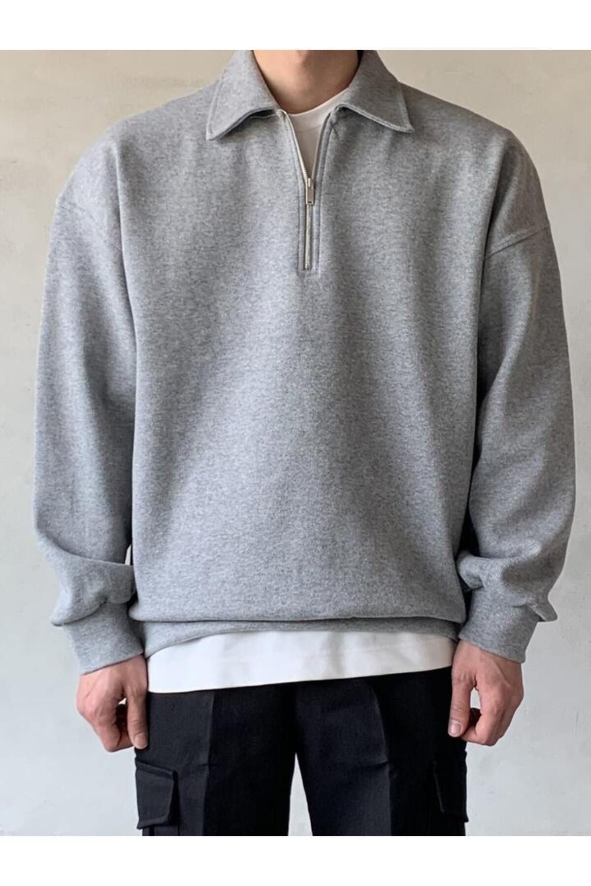 STORE Erkek%20Polo%20Yaka%20Oversize%20Sweatshirt%20Yarım%20Fermuar%20Sweatshirt