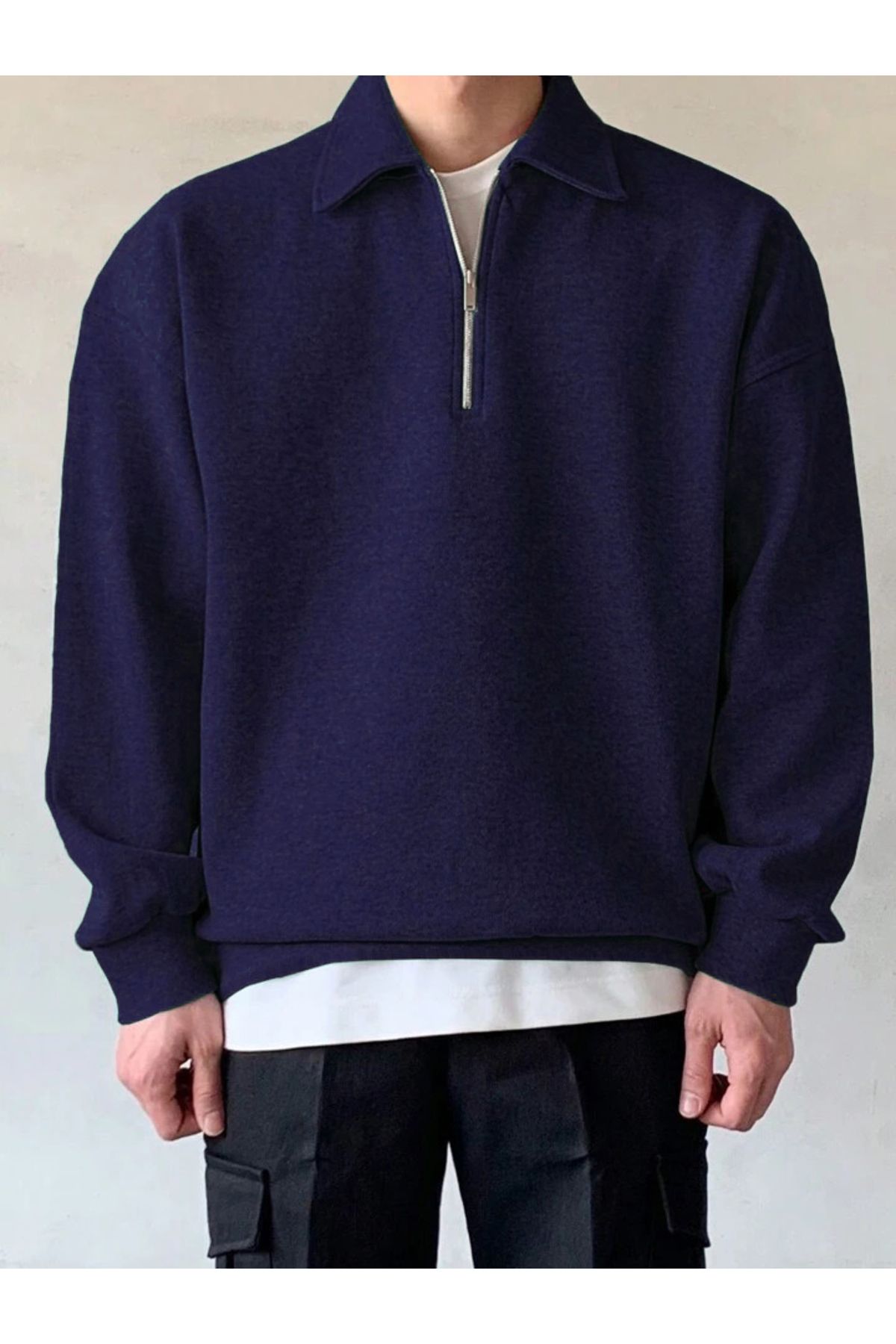 STORE Erkek%20Polo%20Yaka%20Oversize%20Sweatshirt%20Yarım%20Fermuar%20Sweatshirt