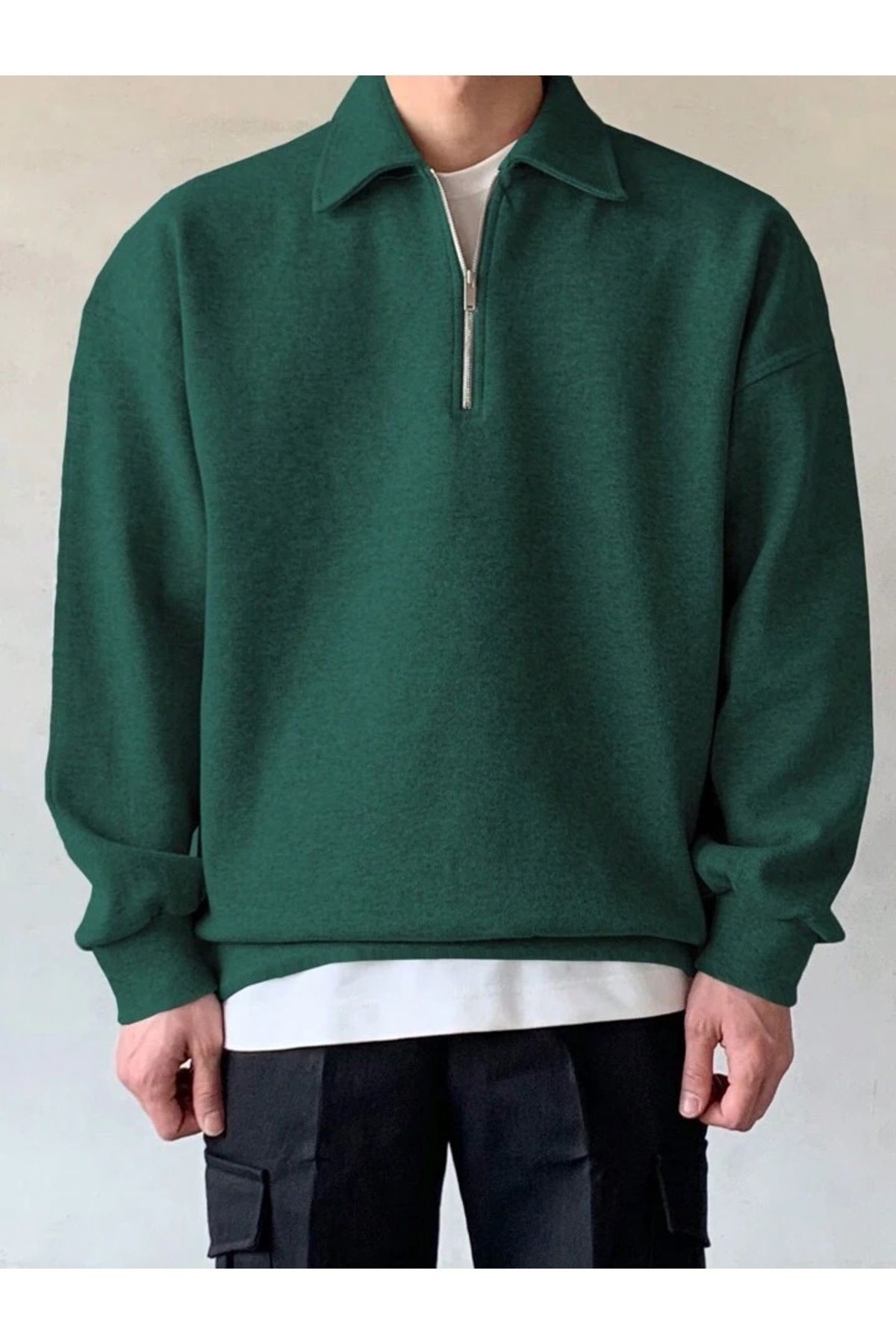 STORE Erkek%20Polo%20Yaka%20Oversize%20Sweatshirt%20Yarım%20Fermuar%20Sweatshirt