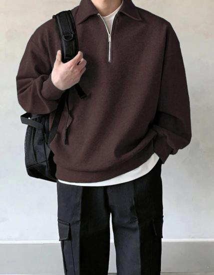 STORE Erkek Polo Yaka Oversize Sweatshirt Yarım Fermuar Sweatshirt