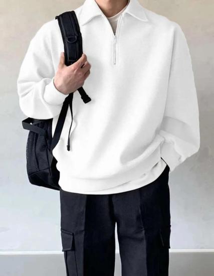 STORE Erkek Polo Yaka Oversize Sweatshirt Yarım Fermuar Sweatshirt